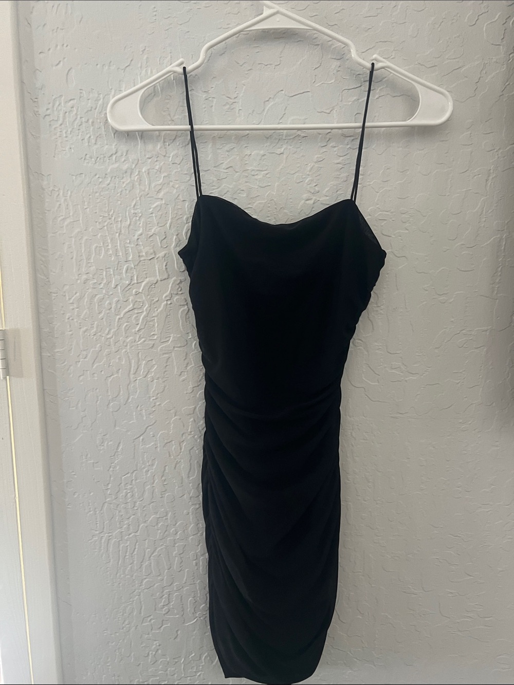 Black Spaghetti Strap Ruched Bodycon Dress